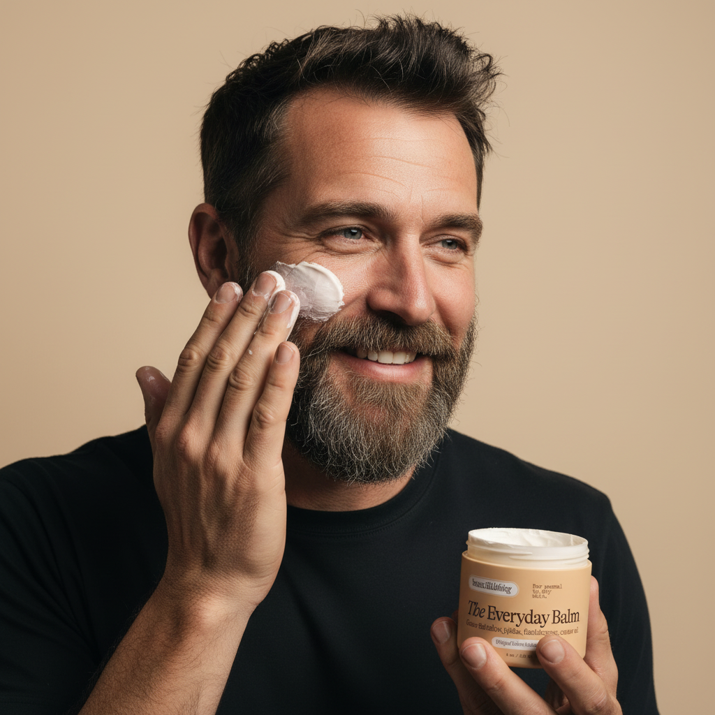 Man applying Jensen Ranch Everyday Tallow Balm, a grass-fed beef tallow skincare product